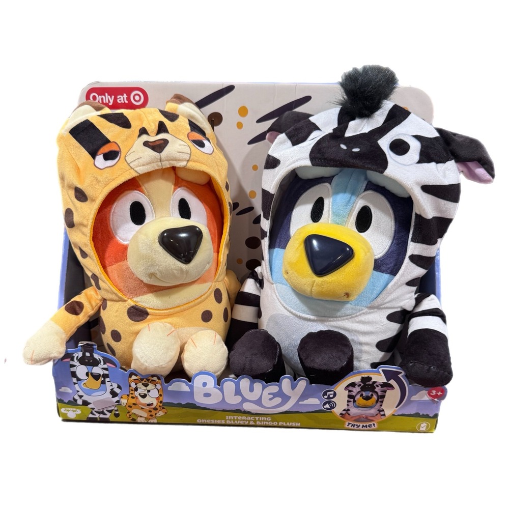 Bluey & Bingo Interacting Plush Target Exclusive Zebra Cheetah Onesies Outfits